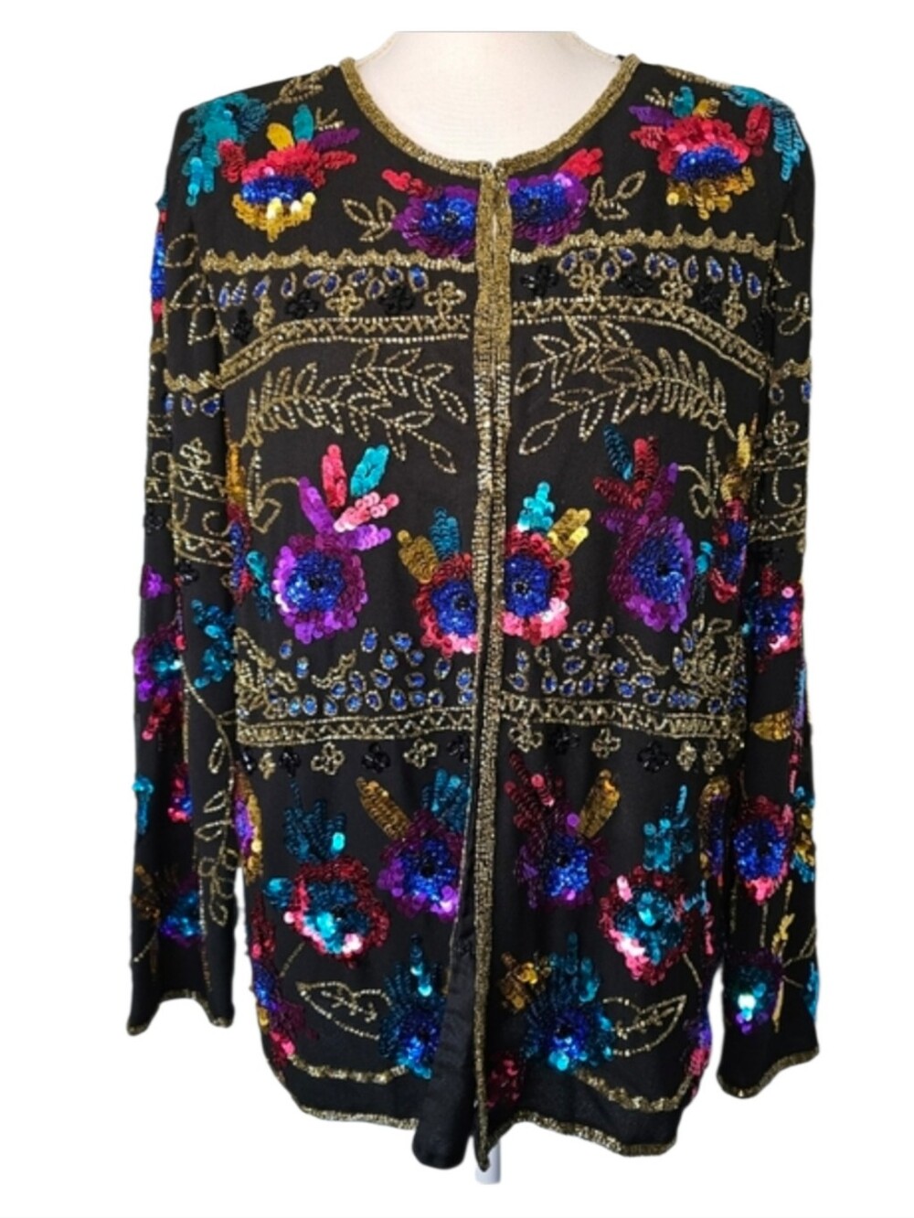 Drapers & Damon Black Party Jacket Multi-Color Beaded Sequin Floral Design Sz S